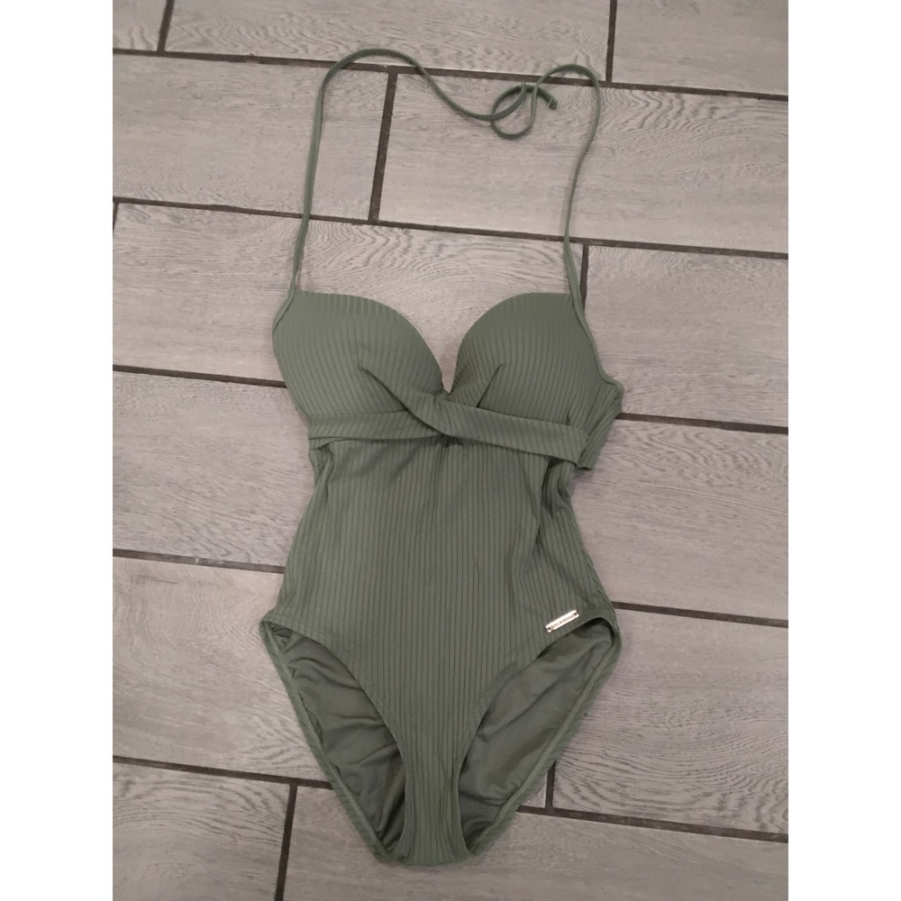 Vince Camuto Olive Green Ribbed One-Piece Swimsuit